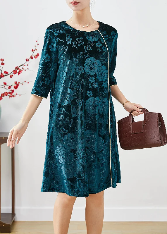 Trendy Women's Apparel for All Seasons Boutique Peacock Green Jacquard Silk Velour Mid Dress Half Sleeve