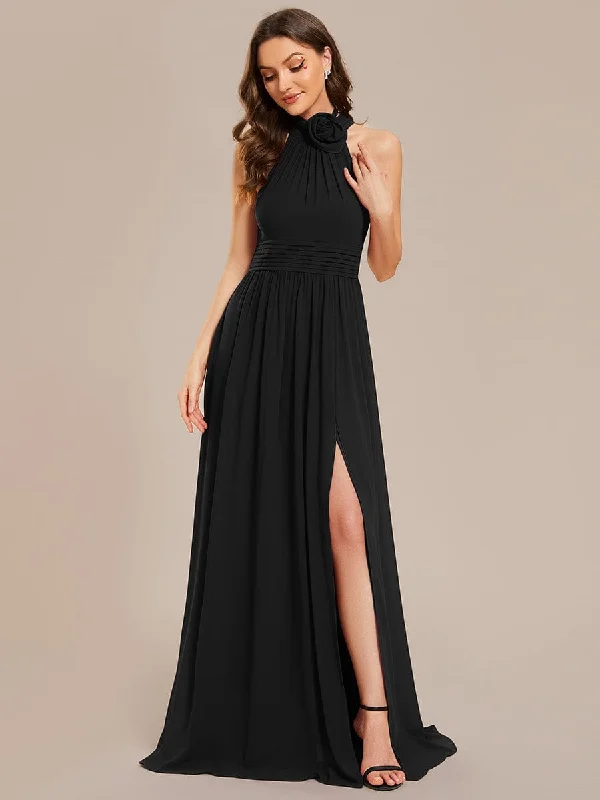 Unleash Your Trend Driven Style Chiffon Halter Straps Sleeveless Pleated A-Line High Slit Maxi Bridesmaid Dress