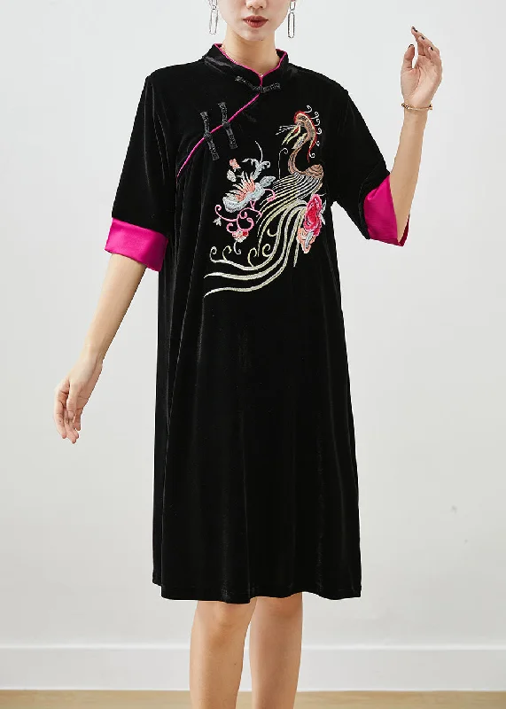 Trendy Pulse Classy Black Embroideried Silk Velour Dresses Half Sleeve