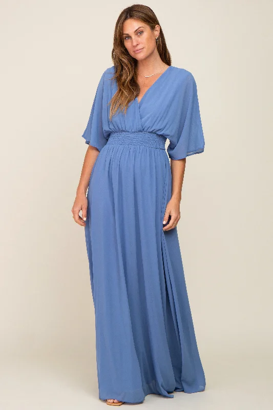 Clothes Women Blue Chiffon V-Neck Smocked Waist Maxi Dress