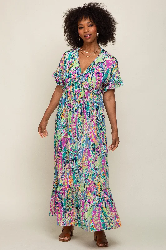 Seasonal Women's Fashion Trends Blue Multi-Color Floral Ruffle Maxi Dress