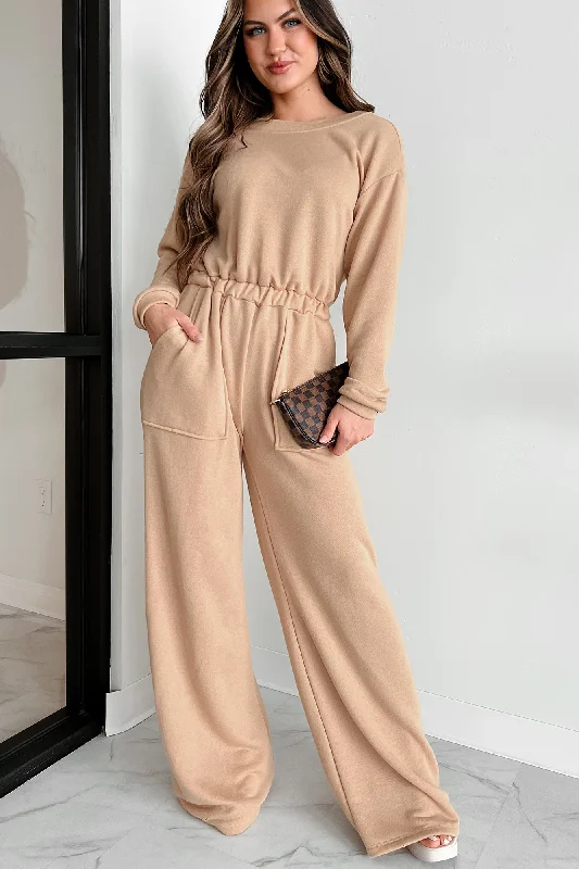 Comfortable Clothes Cozy Refuge Long Sleeve Wide Leg Jumpsuit (Taupe)