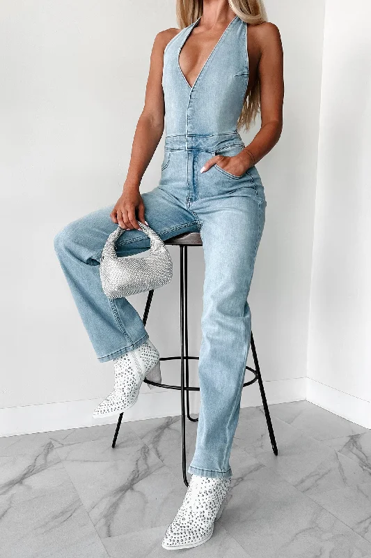 Sophisticated Outfits Eyes Over Here Halter Denim Jumpsuit (Blue)