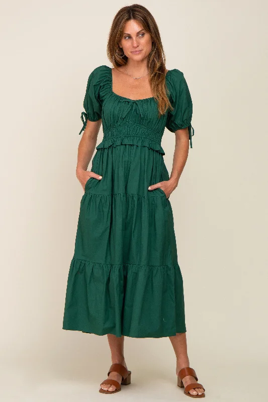 Sophisticated Fashion Forest Green Shirred Front Tie Short Sleeve Tiered Midi Dres