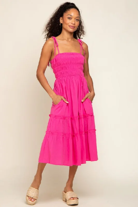 The Latest Trends Fuchsia Sleeveless Tiered Midi Dress