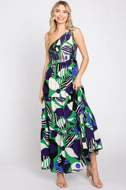 Elegant Style Green Printed One Shoulder Tiered Maxi Dress