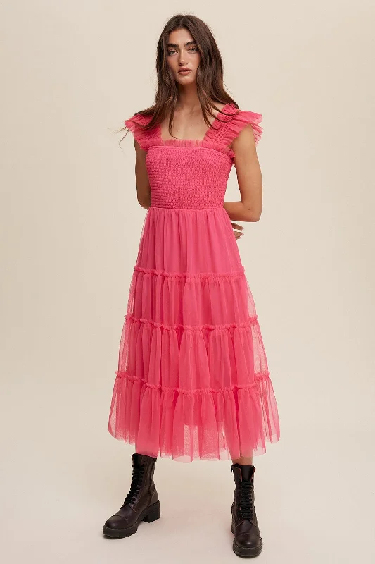 Elegant Styles Hot Pink Smocked Ruffle Tiered Mesh Midi Dress