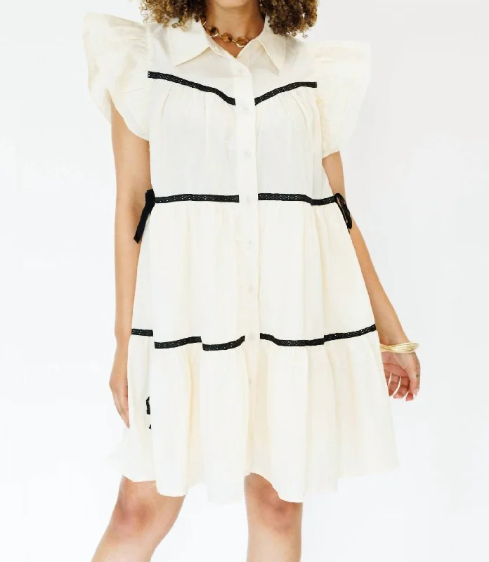 Runway Inspired Wear Lace Bow Detail Collared Dress In Ecru