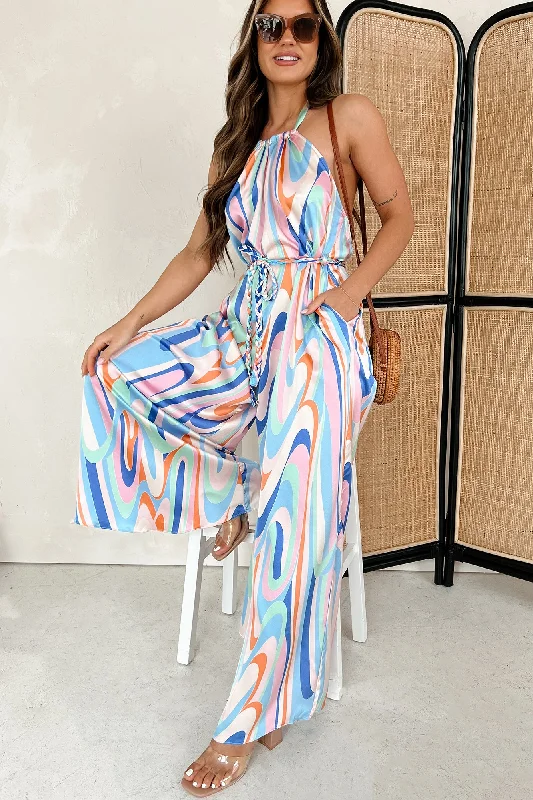 Stylish Savings Living Vibrantly Braided Belt Halter Jumpsuit (Blue, Pink, Tangerine)