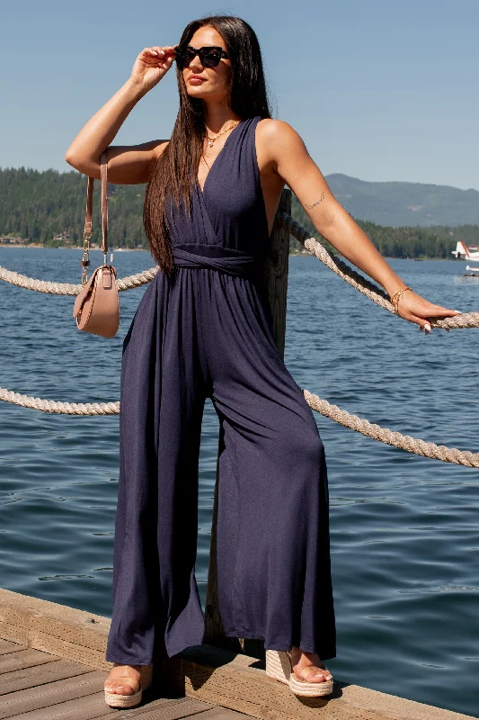 Discount Price Meant To Be Modern Wrap-Tie Palazzo Jumpsuit (Dark Navy)