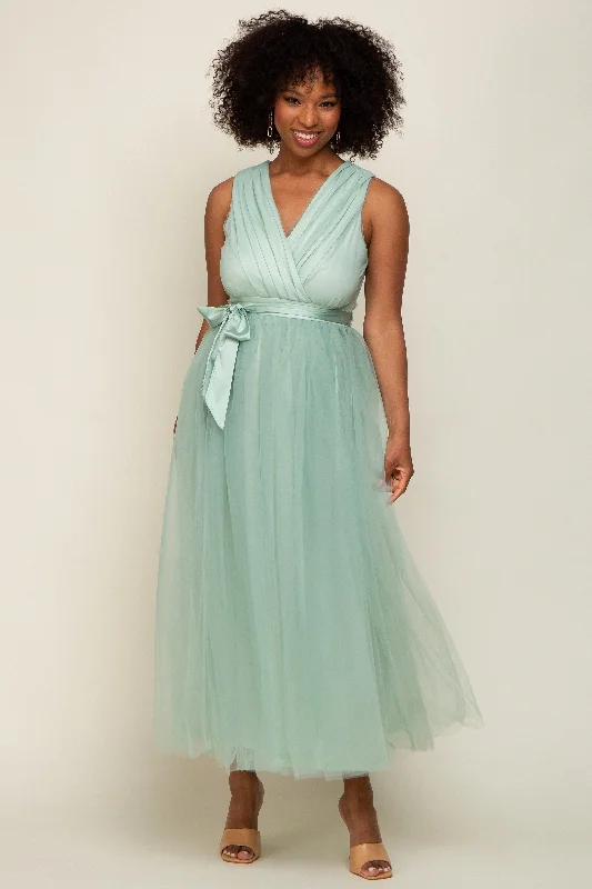 Sale On Sale Mint Green Wrap V-Neck Waist Tie Tulle Midi Dress