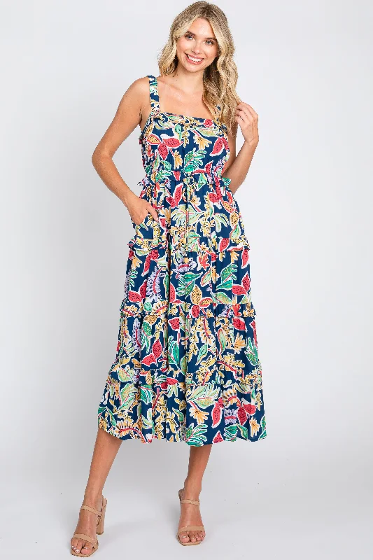 Seasonal Picks Navy Blue Multi-Color Floral Sleeveless Tiered Midi Dress