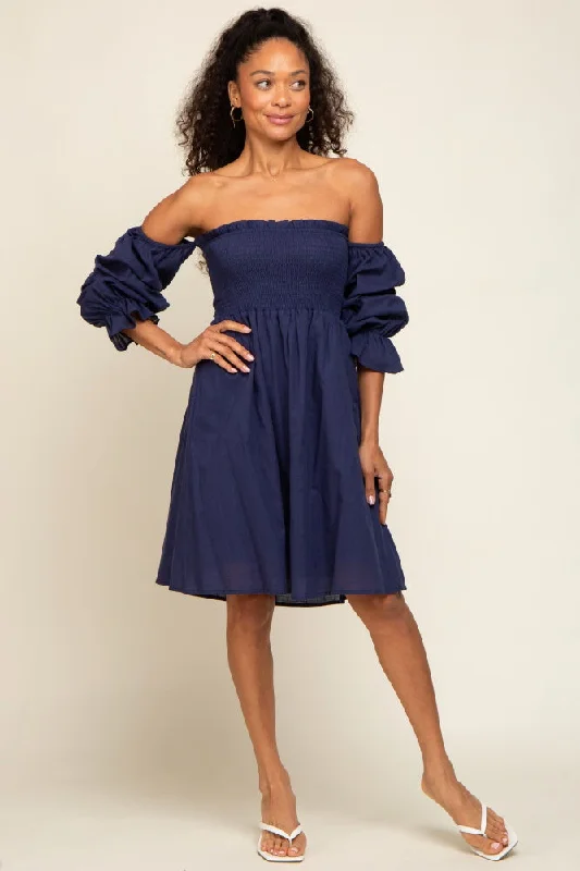 Casual Women's Clothing Navy Blue Smocked Off Shoulder Long Sleeve Dress