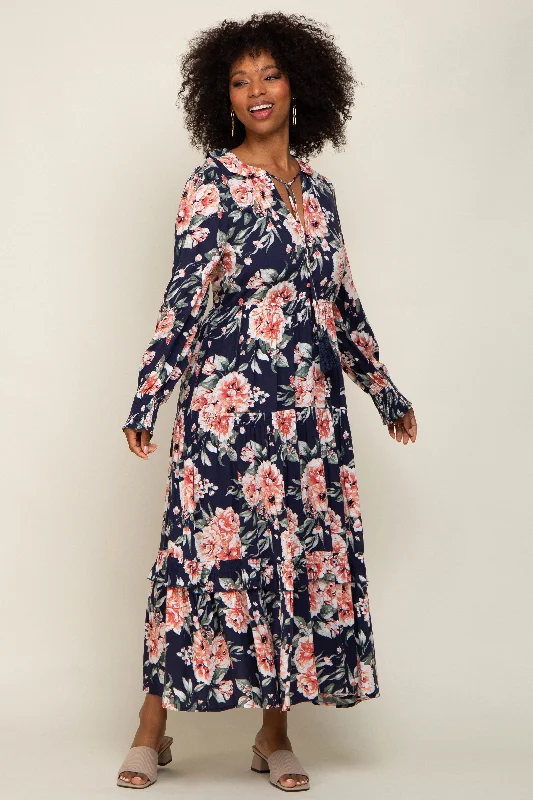 Holiday Discount Navy Floral Smocked Ruffle Neck Maxi Dress