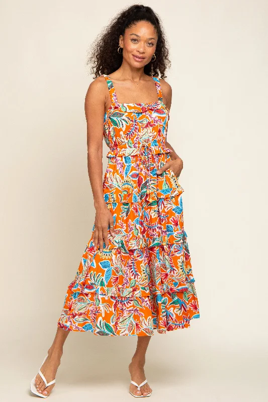 Trendy And Individual Women's Fashion Orange Multi-Color Floral Sleeveless Tiered Midi Dress