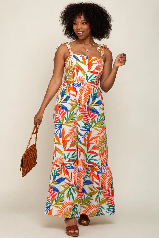 Stylish Everyday Clothing Orange Multi-Color Palm Print Shoulder Tie Maxi Dress