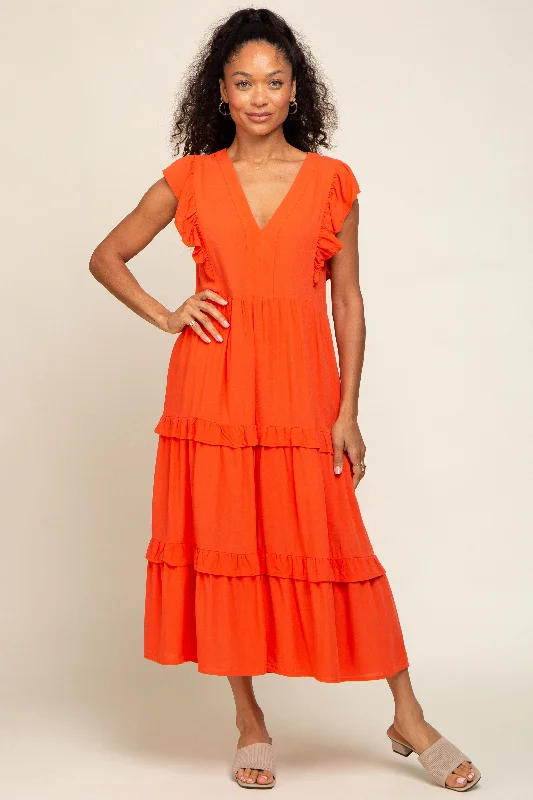 Unbeatable Deals Orange Ruffle Accent Tiered Midi Dress