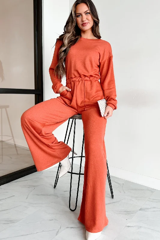 New Season Fashion Preview Plausible Deniability Long Sleeve Wide Leg Jumpsuit (Rust)