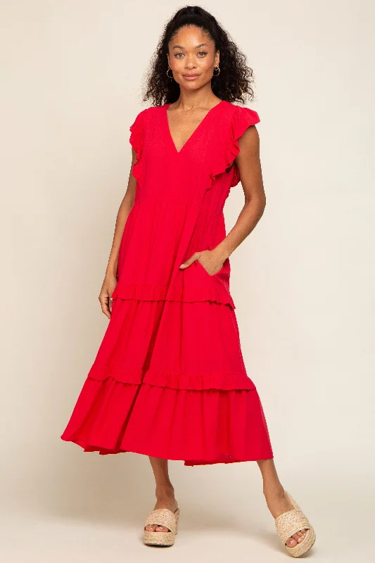 Everyday Basics Red Ruffle Accent Tiered Midi Dress