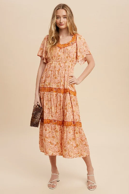 Mega Sales Rust Border Print Tiered Midi Dress