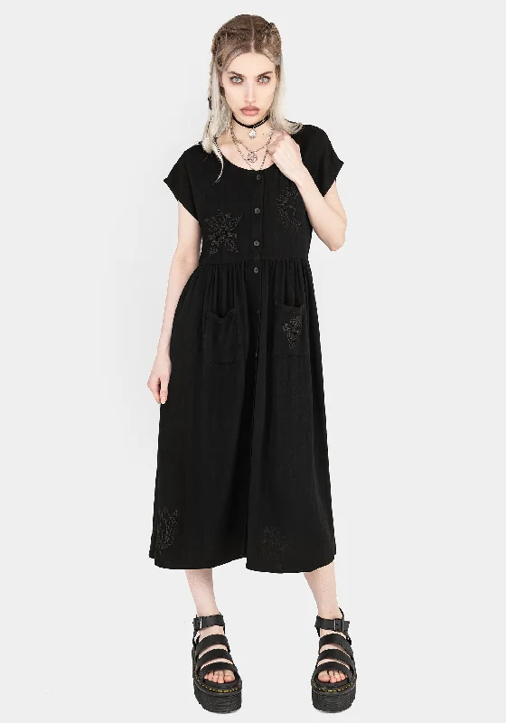 Women's Fashion Hotspots Scutellaria Embroidered Button Up Midi Dress