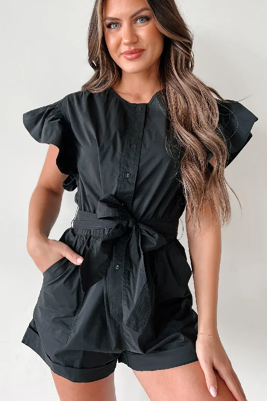 Chic Trends Unveiled Shula Button-Front Ruffle Sleeve Romper (Black)