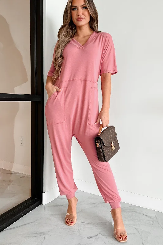 Vibrant Femme Fashion Tired Eyes Short Sleeve Slouchy Jumpsuit (Rose)