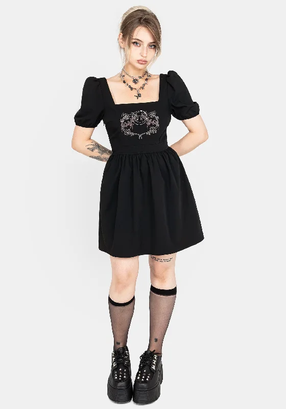 Modern Women's Wardrobe Essentials Vampyrum Bat Embroidered Puff Sleeve Mini Dress