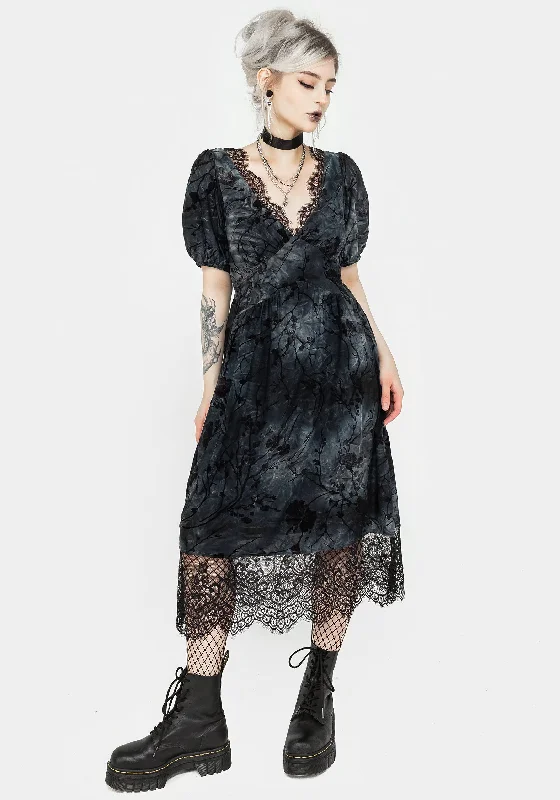 Cutting Edge Fashion Vice Lace Trim Velour Midi Dress