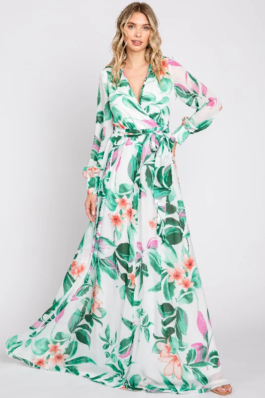 Season Sale White Floral Chiffon Maxi Dress