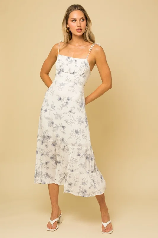 Everyday Wear White Floral Sleeveless Back Smocking Slit Maxi Dress