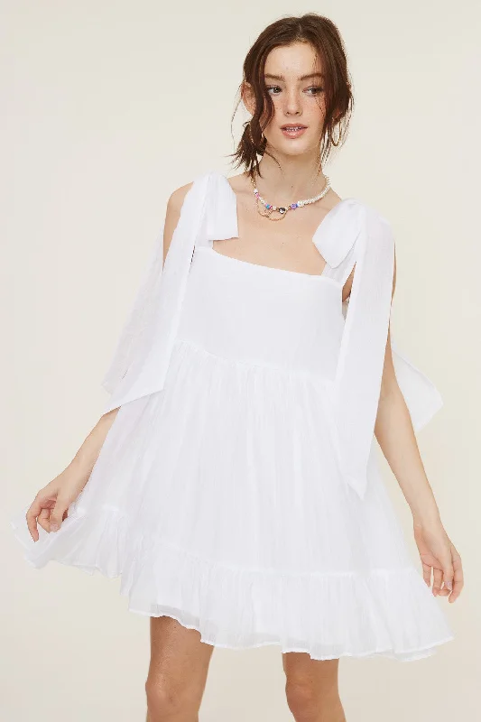 Don't Miss Out White Shoulder Tie Dress