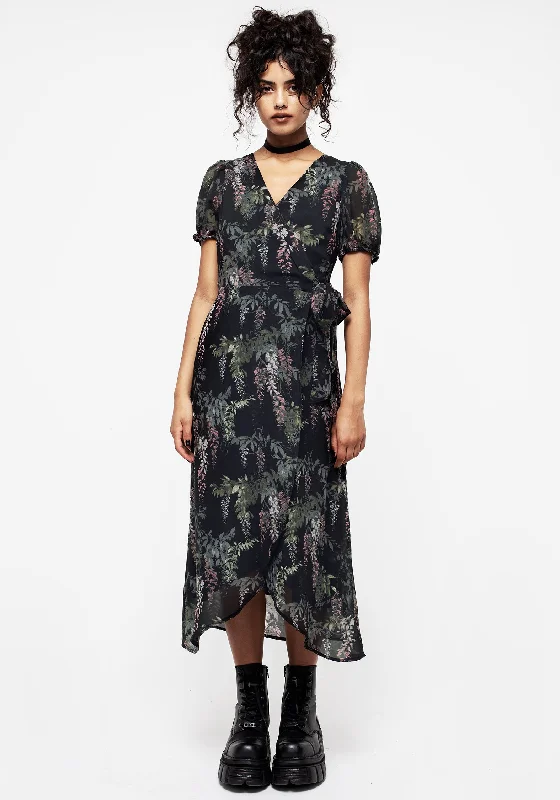 Fashionista Favorites Wisteria Floral Print Chiffon Midi Wrap Dress