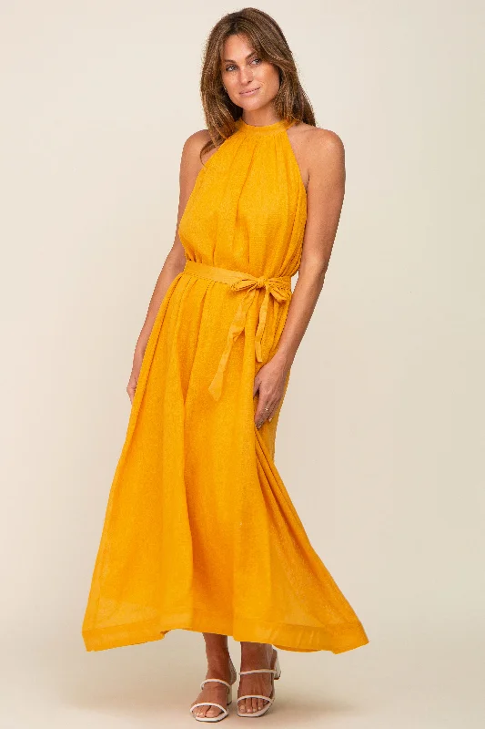 Versatile Wardrobe Essentials Yellow Linen A-line Midi Dress