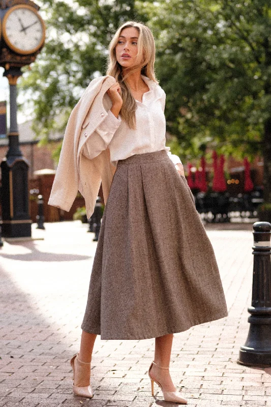 Luxury Fashion Left Unsaid Brown Herringbone Tweed Midi Skirt